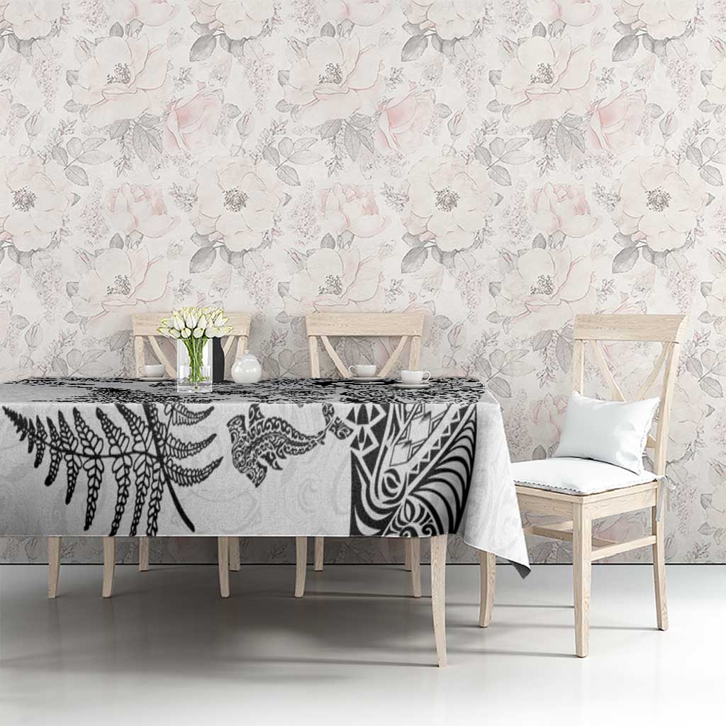 New Zealand Sea Animals Tablecloth with Maori Koru Tribal Tattoo and Silver Ferns White Color