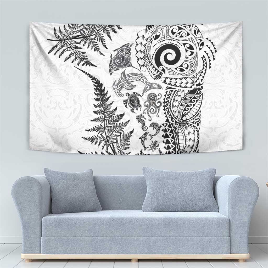 New Zealand Sea Animals Tapestry with Maori Koru Tribal Tattoo and Silver Ferns White Color
