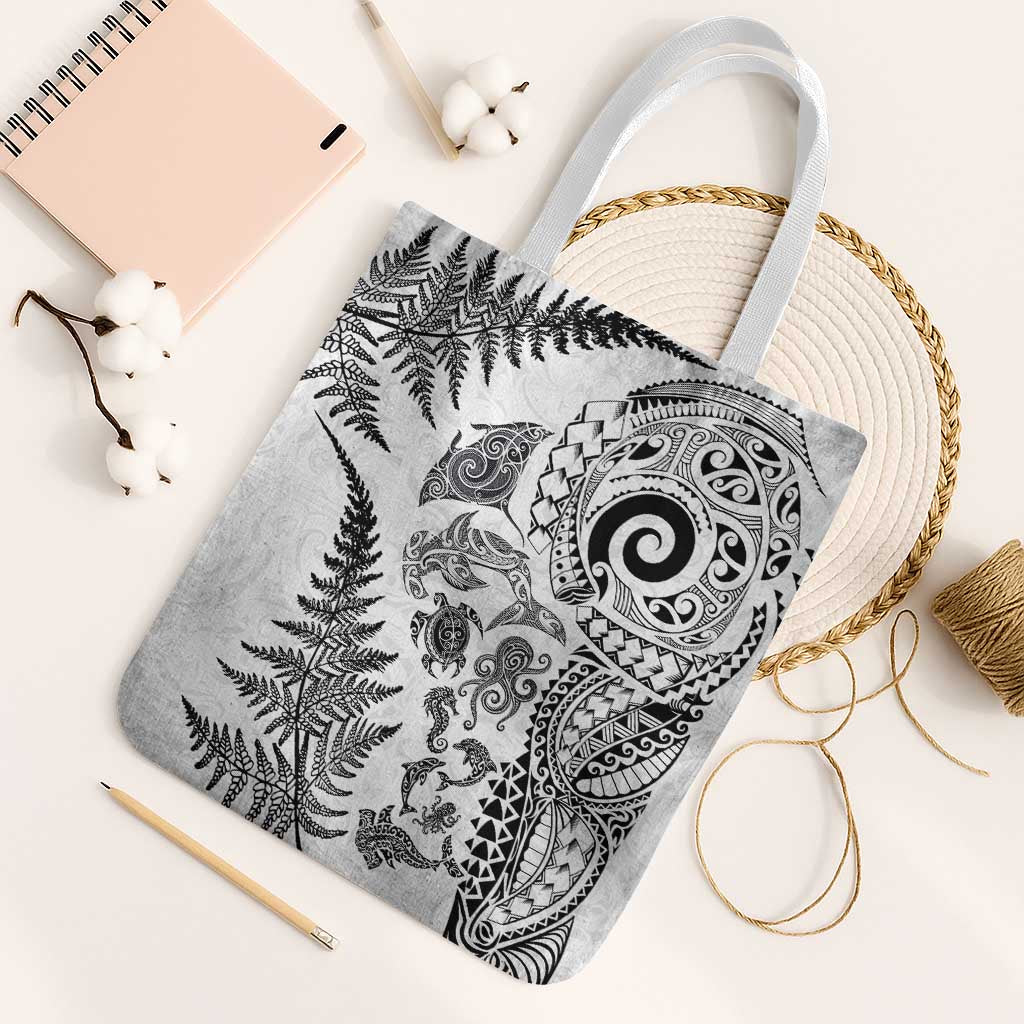 New Zealand Sea Animals Tote Bag with Maori Koru Tribal Tattoo and Silver Ferns White Color
