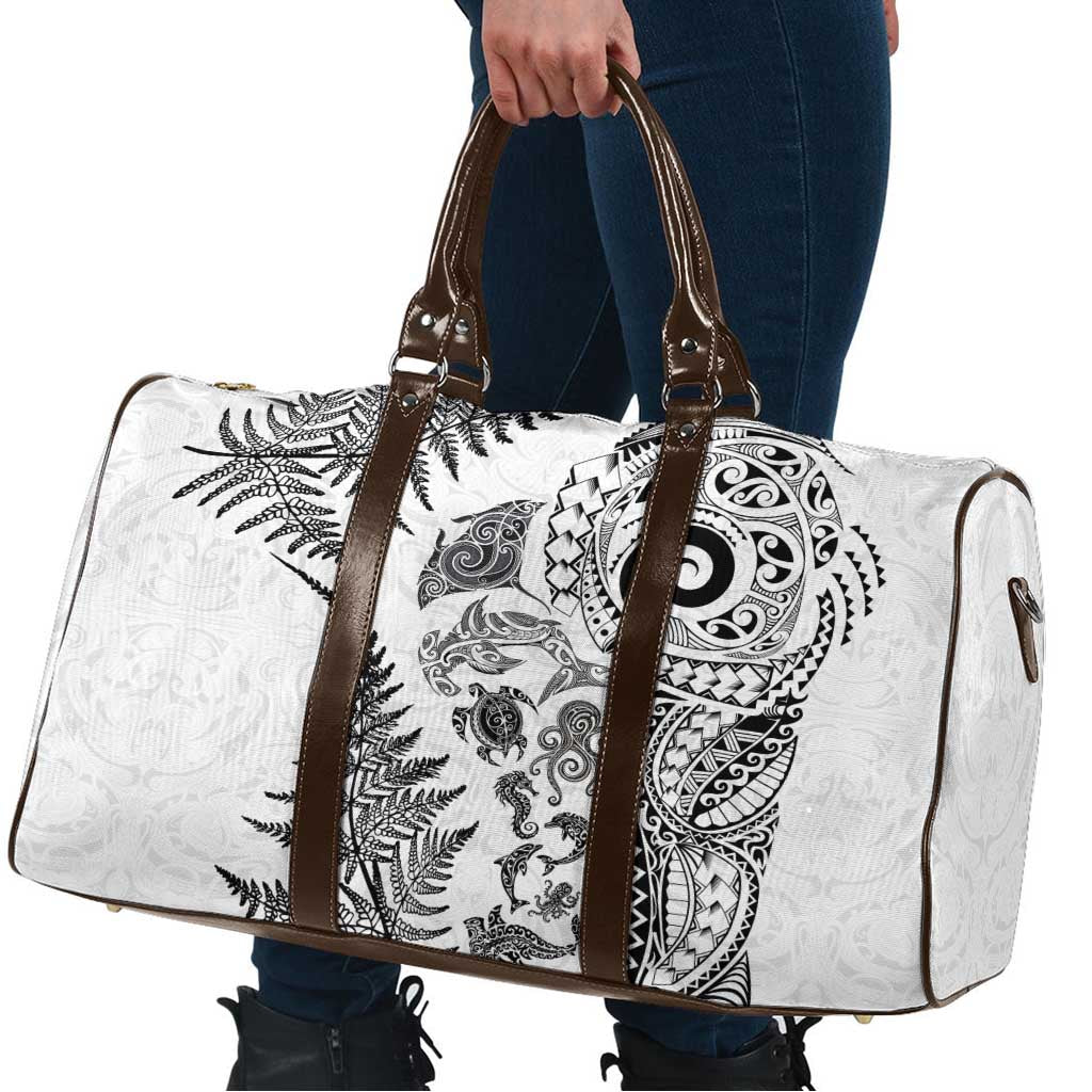 New Zealand Sea Animals Travel Bag with Maori Koru Tribal Tattoo and Silver Ferns White Color