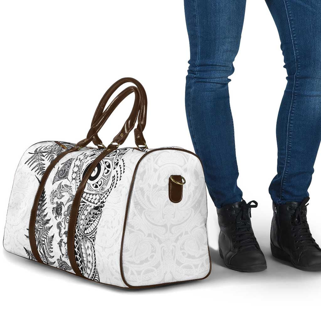 New Zealand Sea Animals Travel Bag with Maori Koru Tribal Tattoo and Silver Ferns White Color