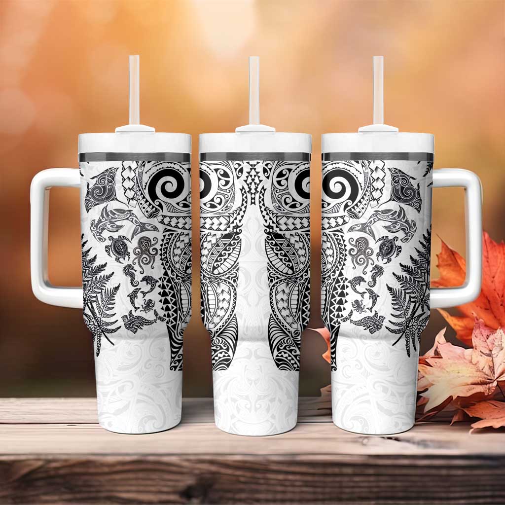 New Zealand Sea Animals Tumbler With Handle with Maori Koru Tribal Tattoo and Silver Ferns White Color