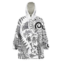 New Zealand Sea Animals Wearable Blanket Hoodie with Maori Koru Tribal Tattoo and Silver Ferns White Color