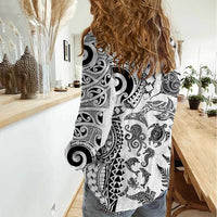 New Zealand Sea Animals Women Casual Shirt with Maori Koru Tribal Tattoo and Silver Ferns White Color
