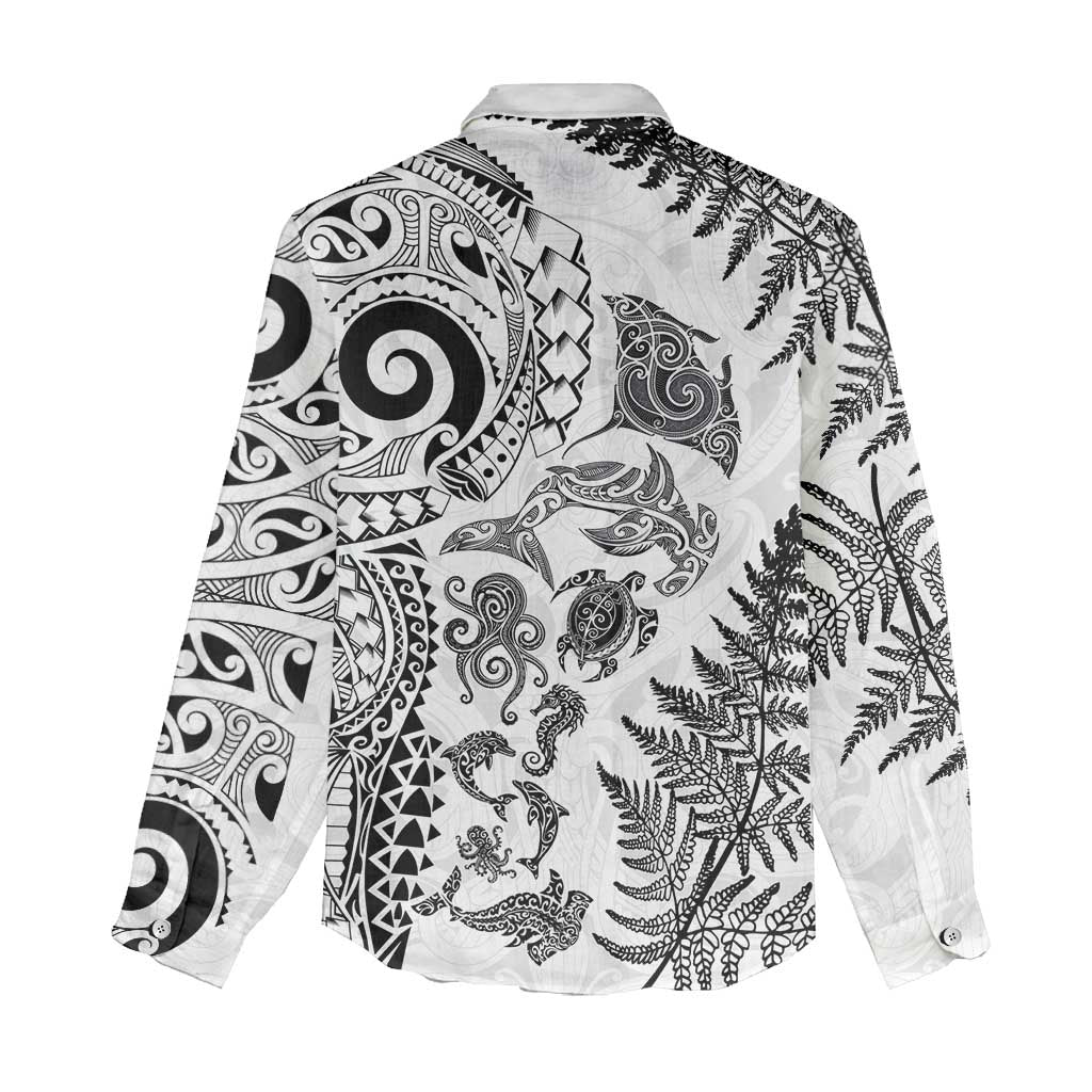 New Zealand Sea Animals Women Casual Shirt with Maori Koru Tribal Tattoo and Silver Ferns White Color