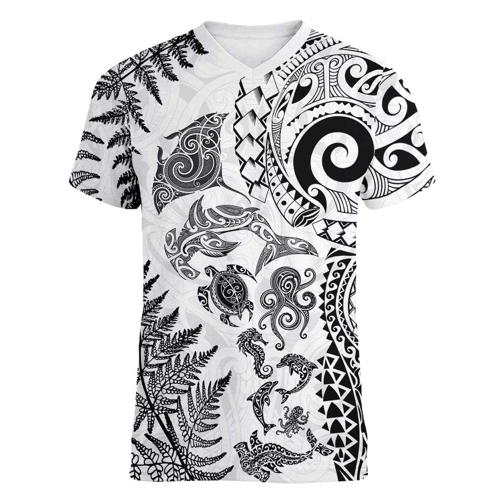 New Zealand Sea Animals Women V-Neck T-Shirt with Maori Koru Tribal Tattoo and Silver Ferns White Color LT03 Female White - Polynesian Pride