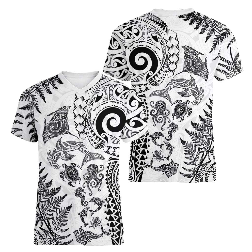 New Zealand Sea Animals Women V-Neck T-Shirt with Maori Koru Tribal Tattoo and Silver Ferns White Color