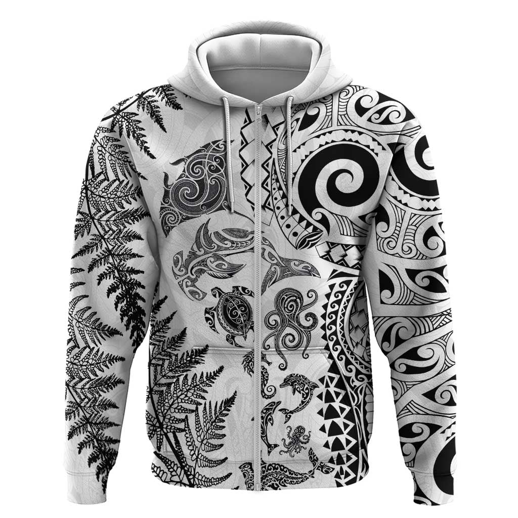 New Zealand Sea Animals Zip Hoodie with Maori Koru Tribal Tattoo and Silver Ferns White Color LT03 Zip Hoodie White - Polynesian Pride