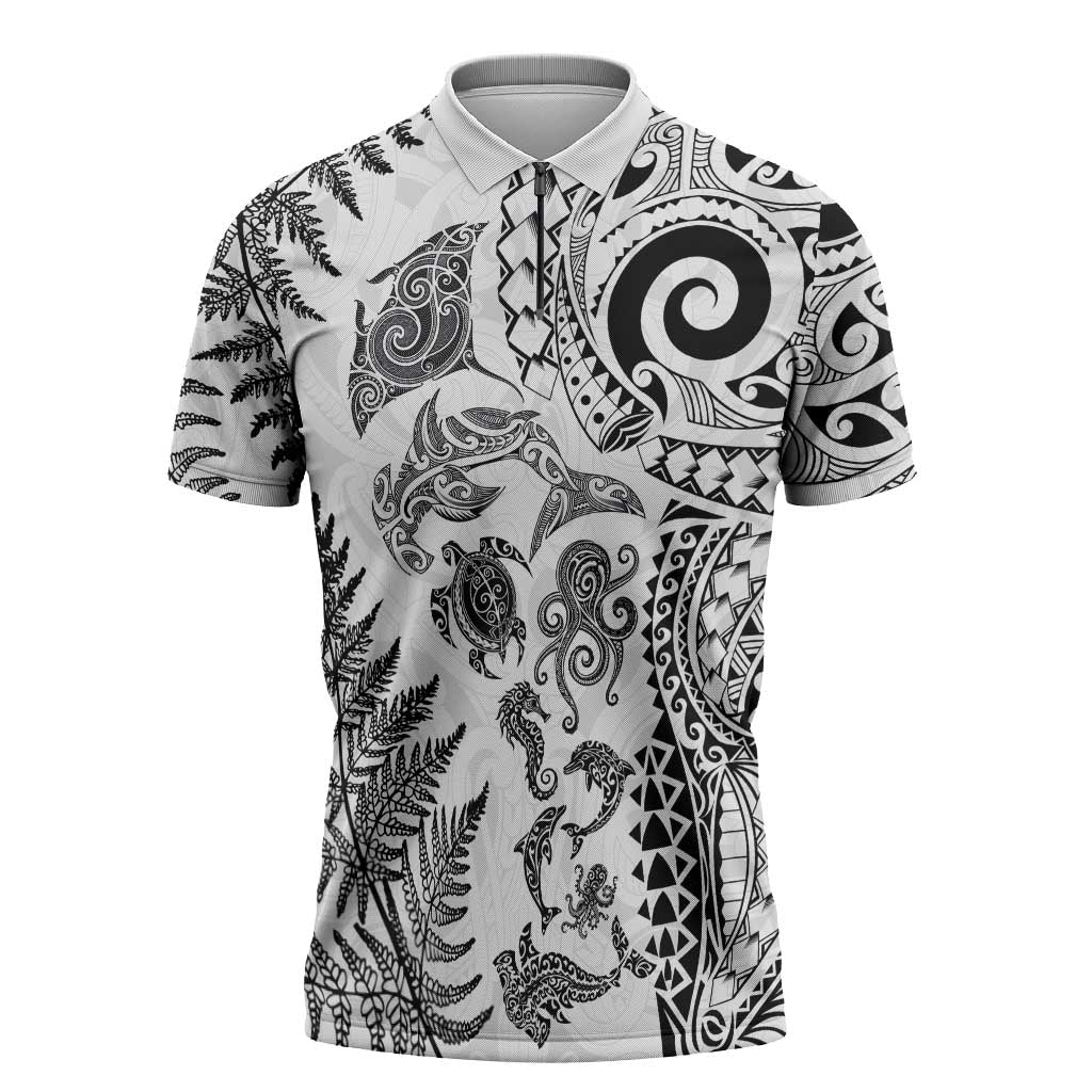 New Zealand Sea Animals Zipper Polo Shirt with Maori Koru Tribal Tattoo and Silver Ferns White Color LT03 White - Polynesian Pride