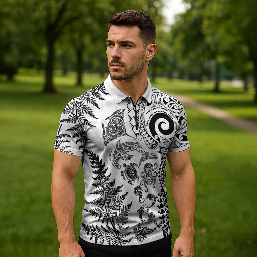 New Zealand Sea Animals Zipper Polo Shirt with Maori Koru Tribal Tattoo and Silver Ferns White Color