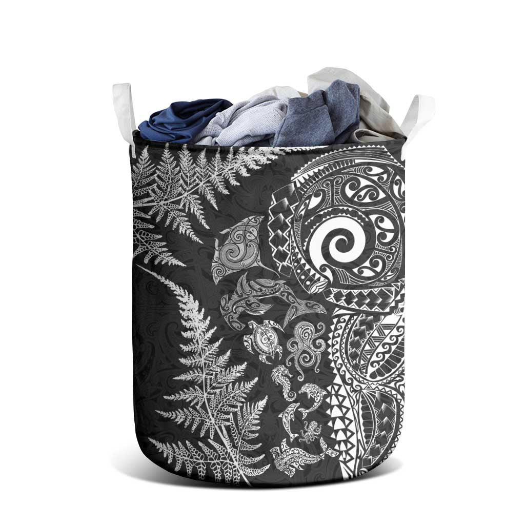 New Zealand Sea Animals Laundry Basket with Maori Koru Tribal Tattoo and Silver Ferns Black Color
