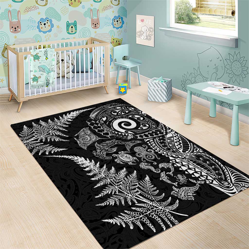 New Zealand Sea Animals Area Rug with Maori Koru Tribal Tattoo and Silver Ferns Black Color