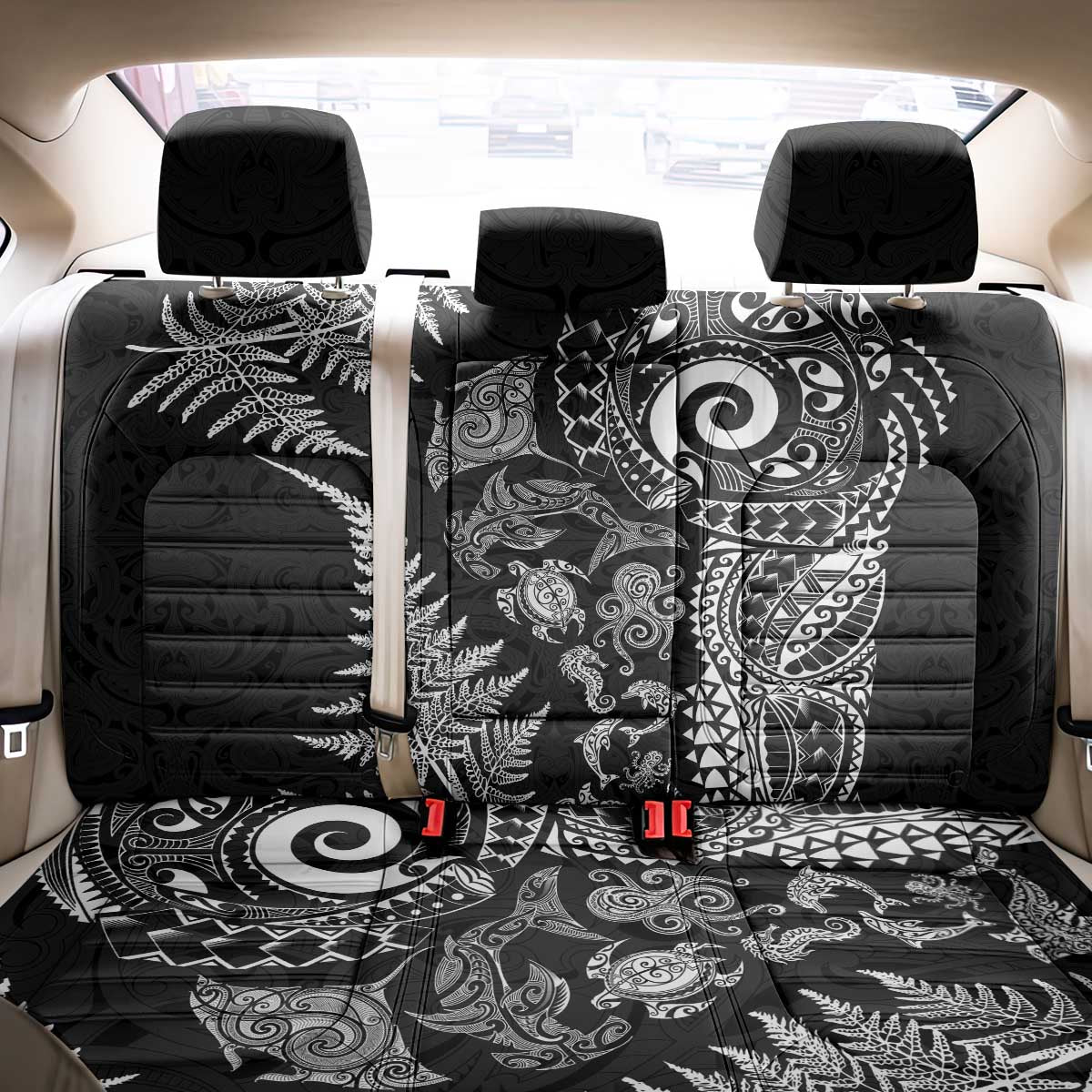 New Zealand Sea Animals Back Car Seat Cover with Maori Koru Tribal Tattoo and Silver Ferns Black Color