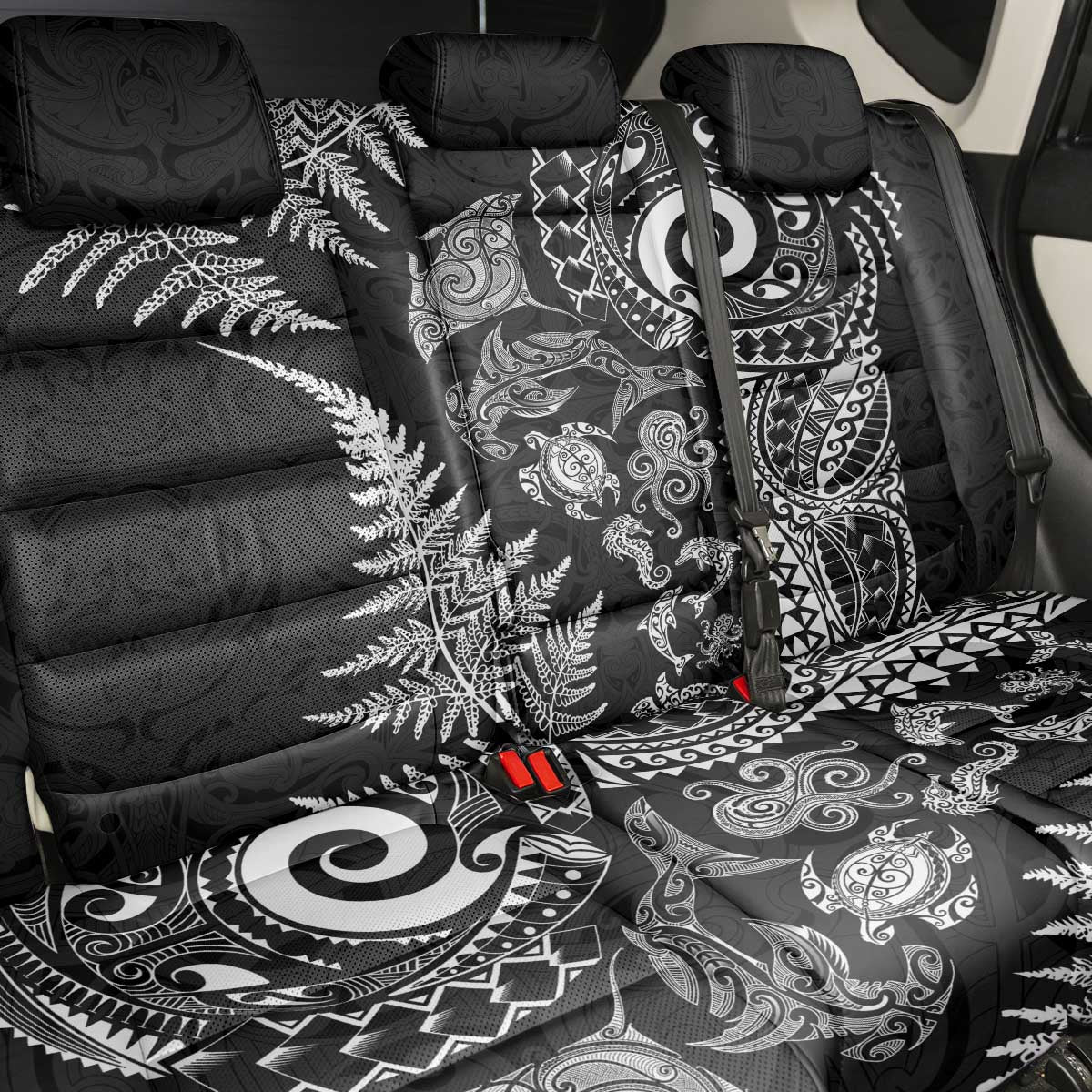 New Zealand Sea Animals Back Car Seat Cover with Maori Koru Tribal Tattoo and Silver Ferns Black Color