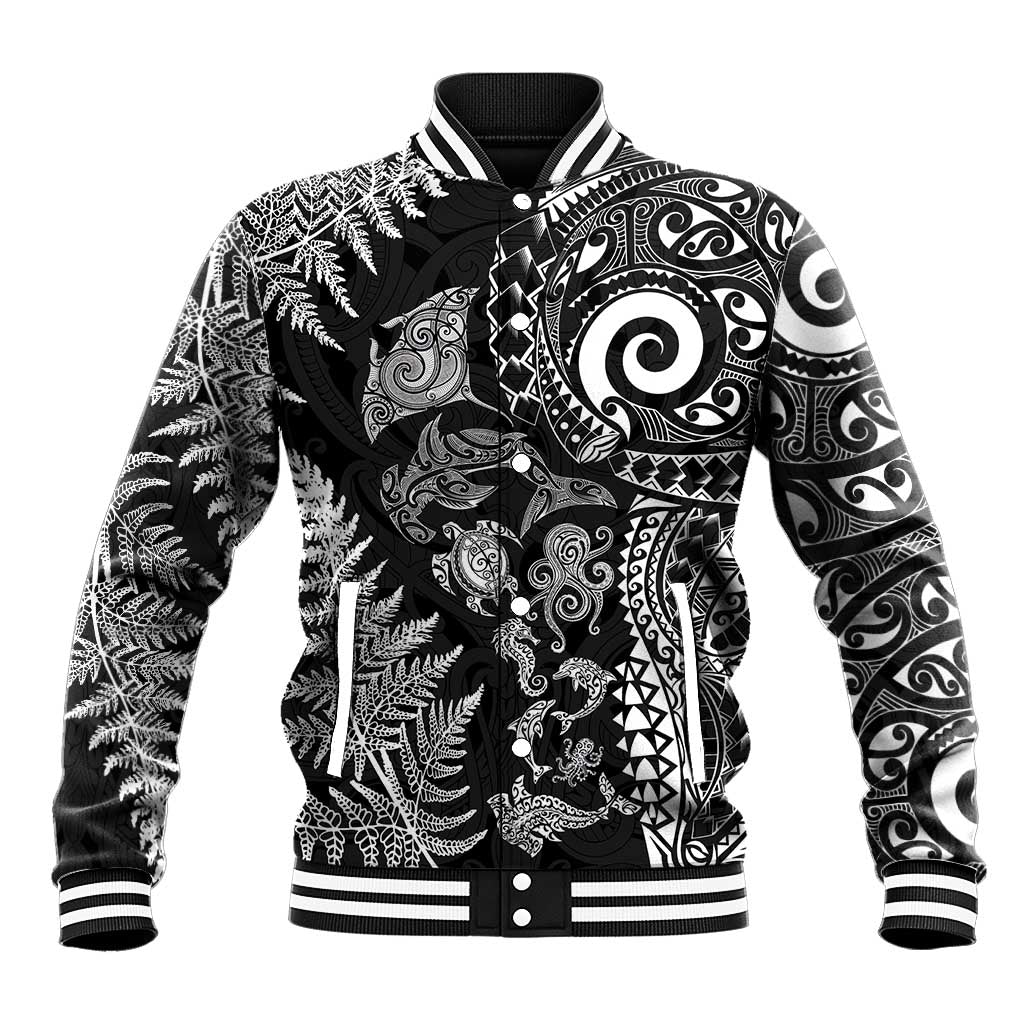 New Zealand Sea Animals Baseball Jacket with Maori Koru Tribal Tattoo and Silver Ferns Black Color