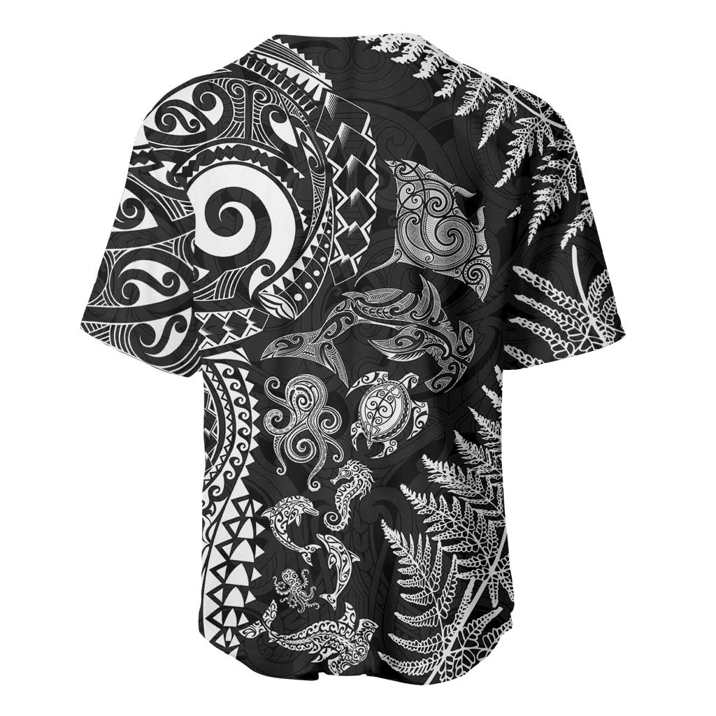 New Zealand Sea Animals Baseball Jersey with Maori Koru Tribal Tattoo and Silver Ferns Black Color