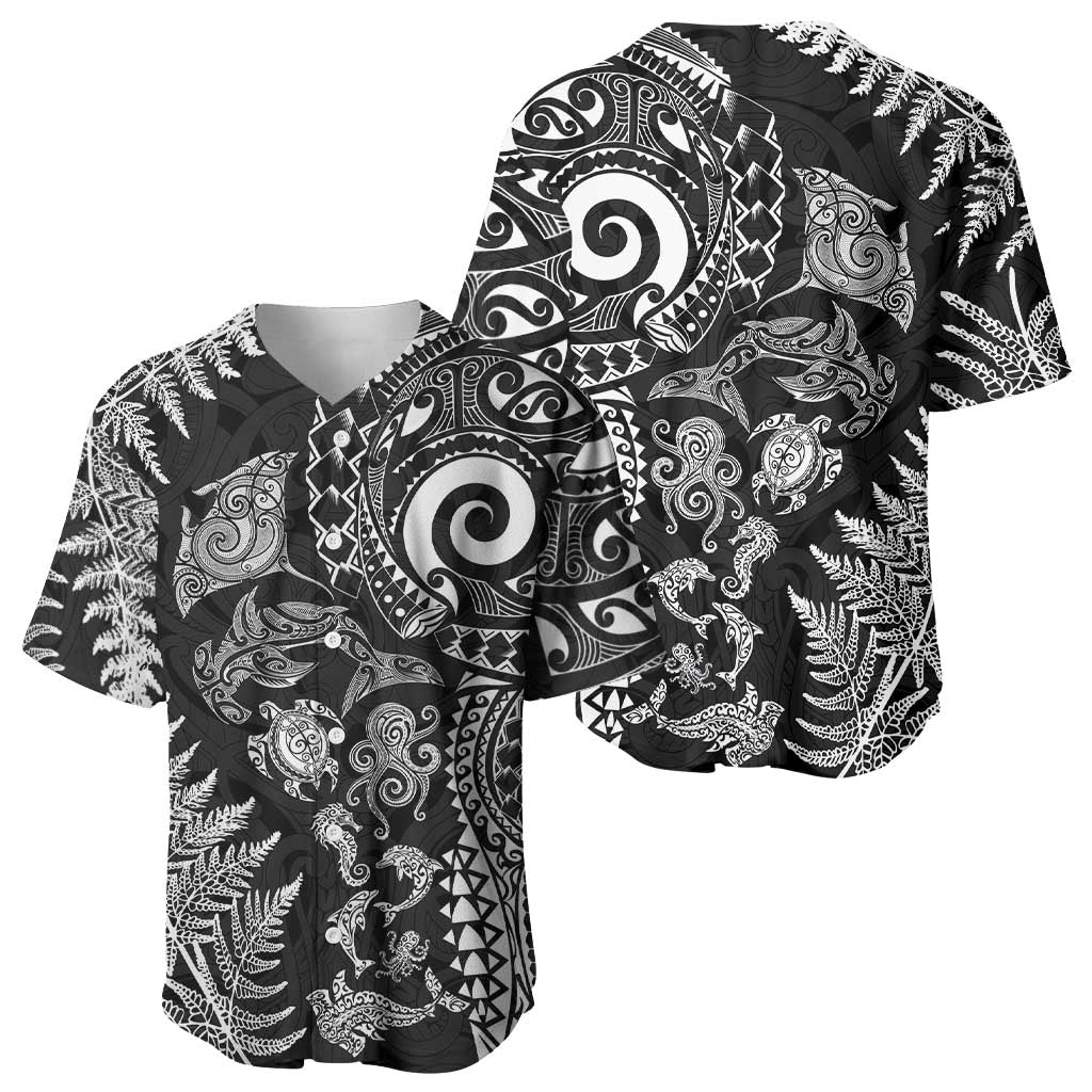 New Zealand Sea Animals Baseball Jersey with Maori Koru Tribal Tattoo and Silver Ferns Black Color