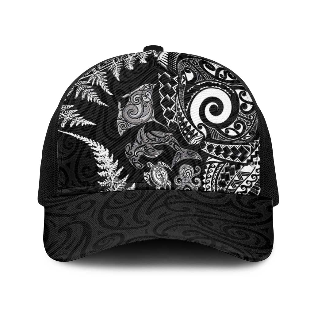 New Zealand Sea Animals Baseball Net Cap with Maori Koru Tribal Tattoo and Silver Ferns Black Color