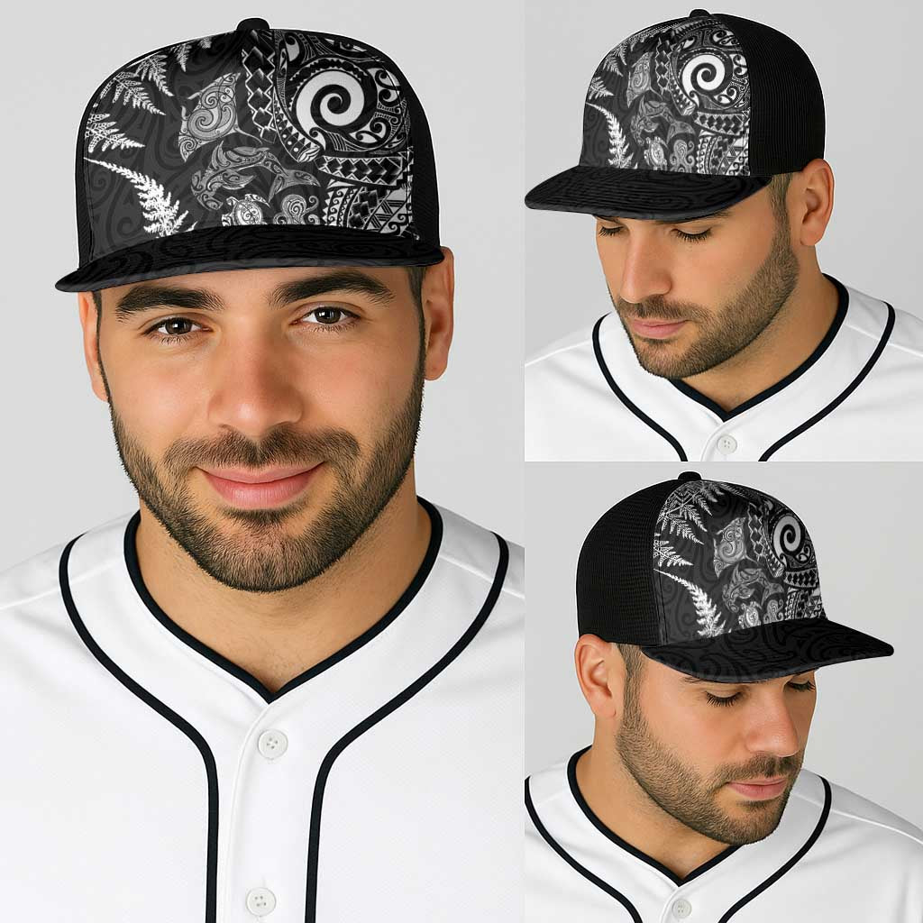 New Zealand Sea Animals Baseball Net Cap with Maori Koru Tribal Tattoo and Silver Ferns Black Color