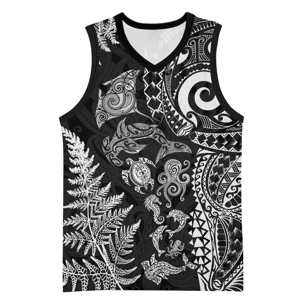 New Zealand Sea Animals Basketball Jersey with Maori Koru Tribal Tattoo and Silver Ferns Black Color LT03 Unisex Black - Polynesian Pride