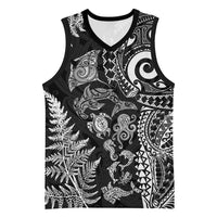 New Zealand Sea Animals Basketball Jersey with Maori Koru Tribal Tattoo and Silver Ferns Black Color