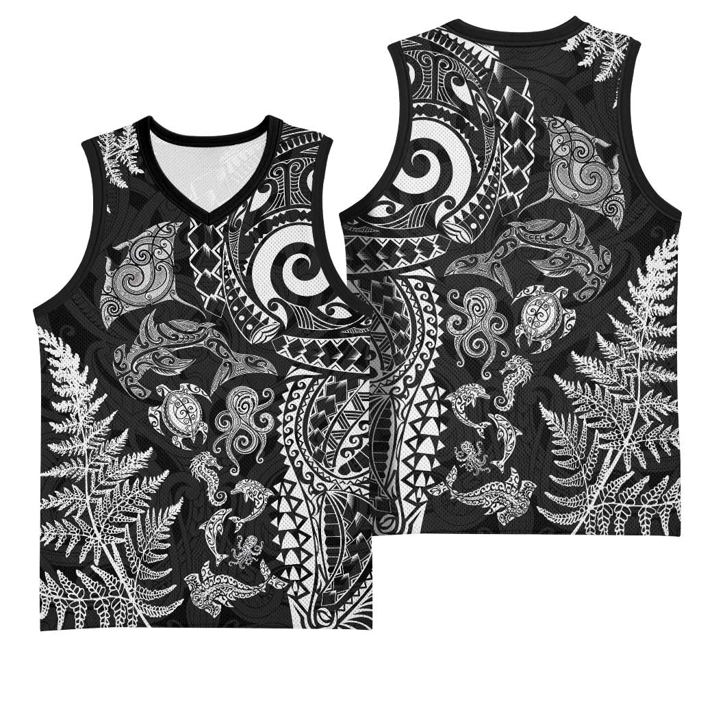 New Zealand Sea Animals Basketball Jersey with Maori Koru Tribal Tattoo and Silver Ferns Black Color