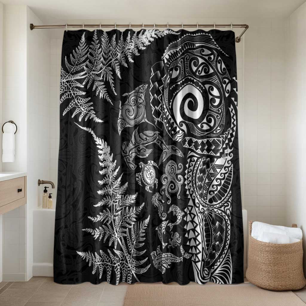 New Zealand Sea Animals Bathroom Set with Maori Koru Tribal Tattoo and Silver Ferns Black Color