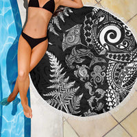 New Zealand Sea Animals Beach Blanket with Maori Koru Tribal Tattoo and Silver Ferns Black Color