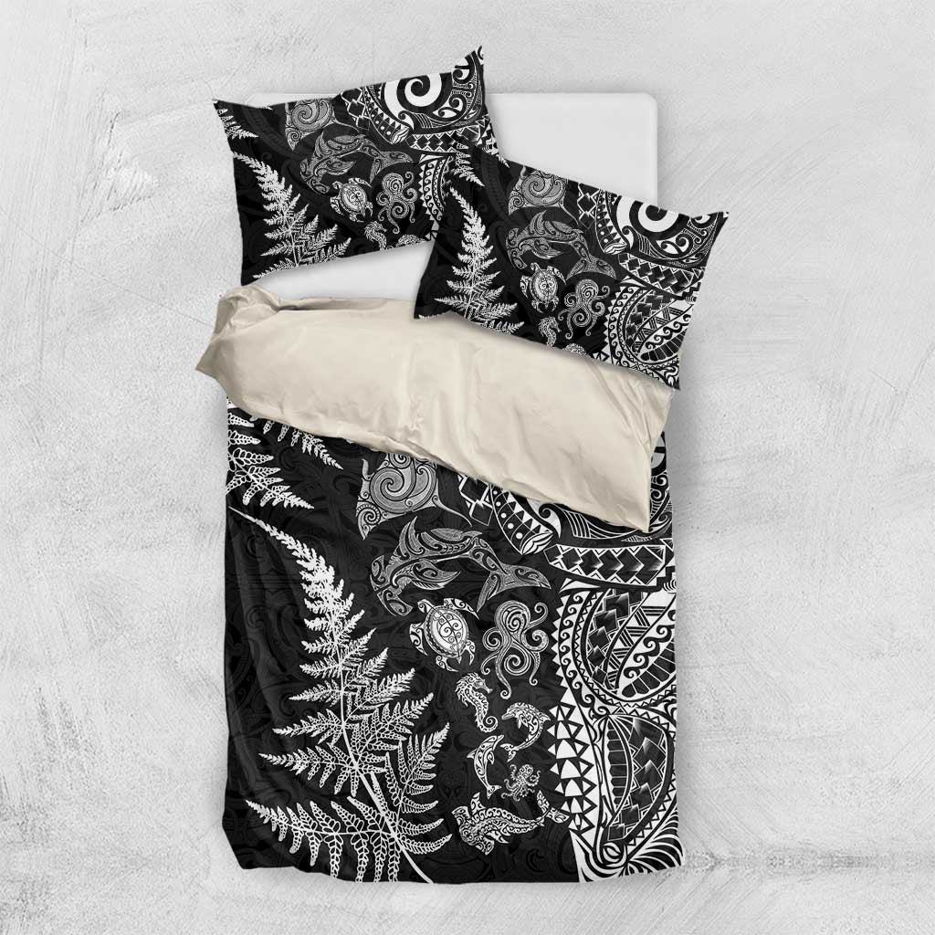 New Zealand Sea Animals Bedding Set with Maori Koru Tribal Tattoo and Silver Ferns Black Color