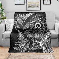 New Zealand Sea Animals Blanket with Maori Koru Tribal Tattoo and Silver Ferns Black Color