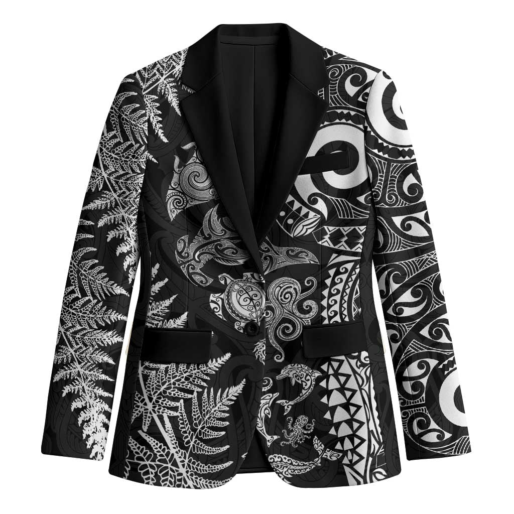 New Zealand Sea Animals Blazer with Maori Koru Tribal Tattoo and Silver Ferns Black Color LT03 Unisex Black - Polynesian Pride