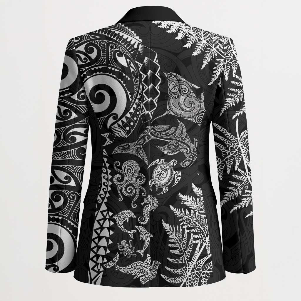 New Zealand Sea Animals Blazer with Maori Koru Tribal Tattoo and Silver Ferns Black Color