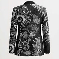 New Zealand Sea Animals Blazer with Maori Koru Tribal Tattoo and Silver Ferns Black Color