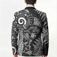 New Zealand Sea Animals Blazer with Maori Koru Tribal Tattoo and Silver Ferns Black Color