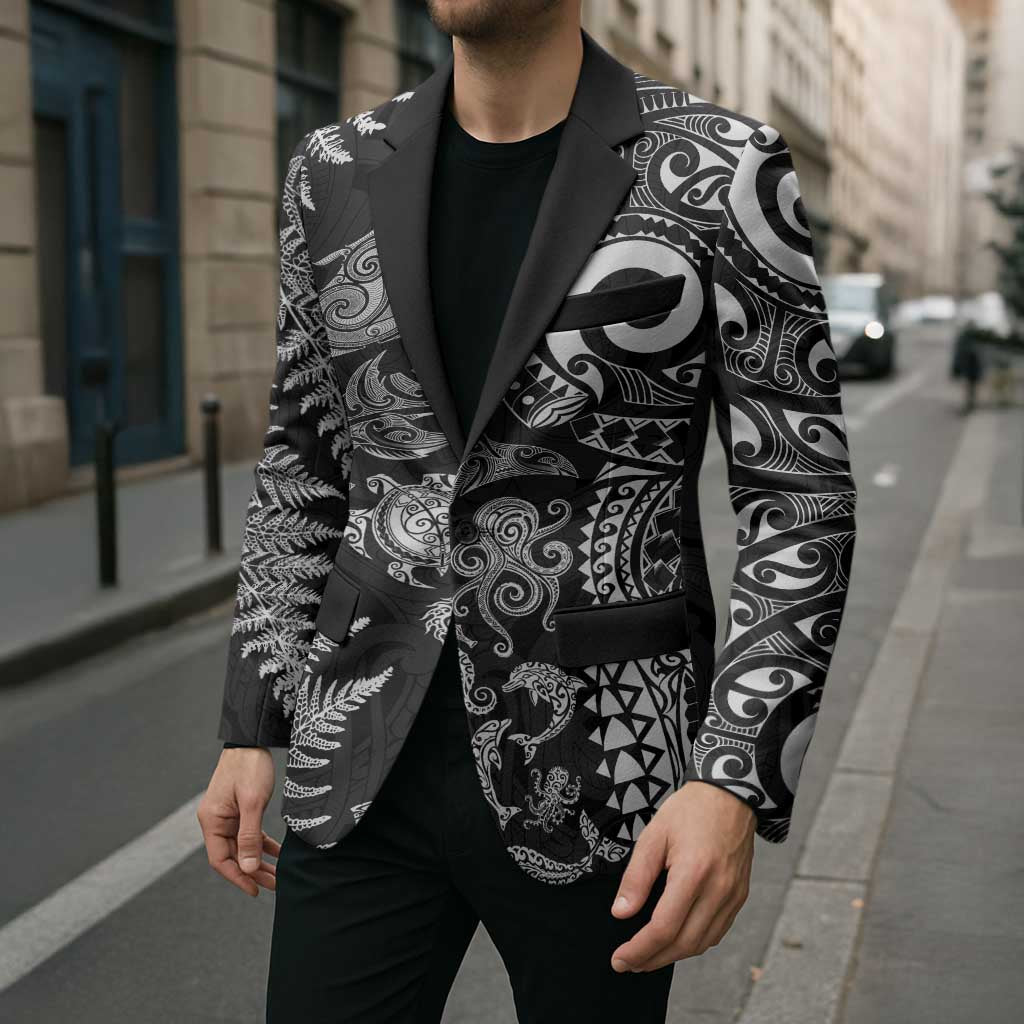 New Zealand Sea Animals Blazer with Maori Koru Tribal Tattoo and Silver Ferns Black Color