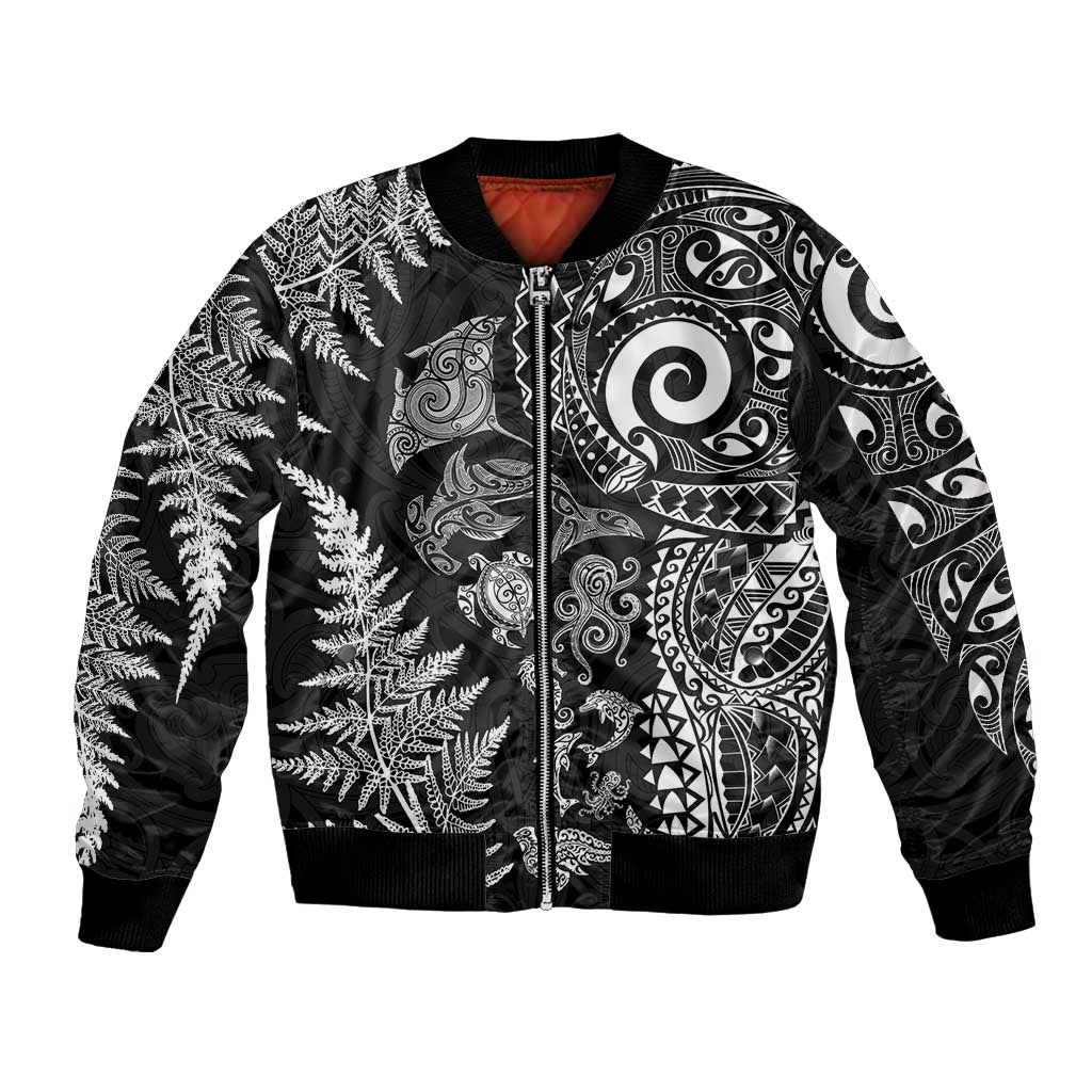 New Zealand Sea Animals Bomber Jacket with Maori Koru Tribal Tattoo and Silver Ferns Black Color LT03 Unisex Black - Polynesian Pride
