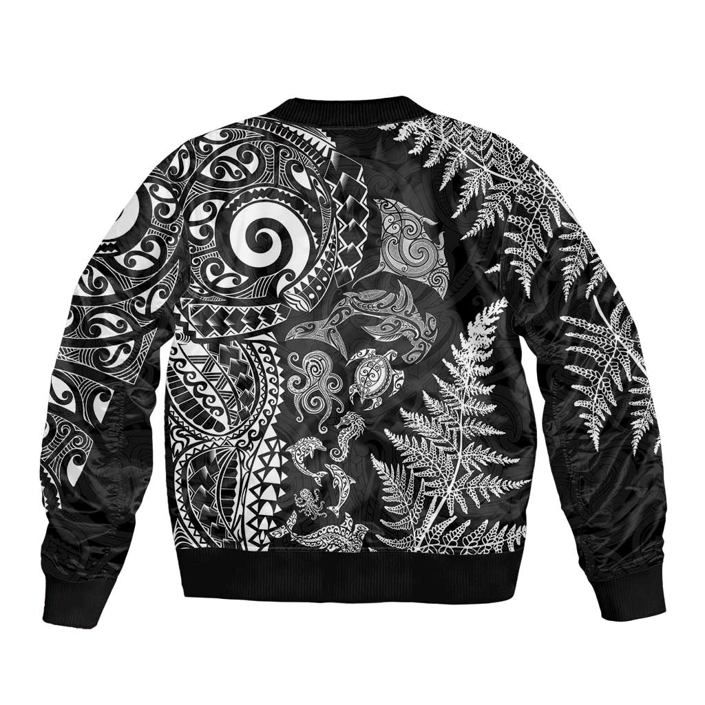 New Zealand Sea Animals Bomber Jacket with Maori Koru Tribal Tattoo and Silver Ferns Black Color