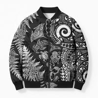 New Zealand Sea Animals Bomber Puffer Jacket with Maori Koru Tribal Tattoo and Silver Ferns Black Color