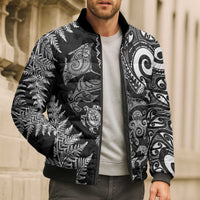 New Zealand Sea Animals Bomber Puffer Jacket with Maori Koru Tribal Tattoo and Silver Ferns Black Color