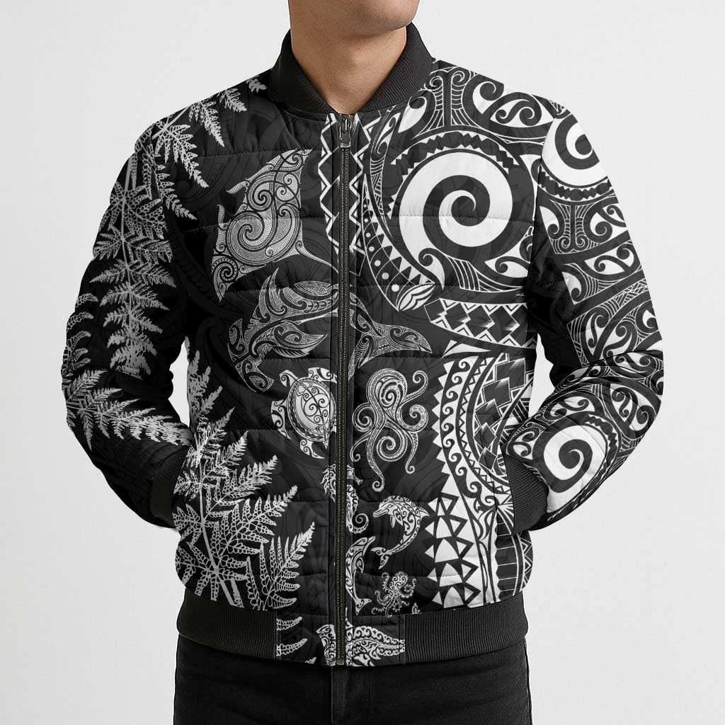 New Zealand Sea Animals Bomber Puffer Jacket with Maori Koru Tribal Tattoo and Silver Ferns Black Color