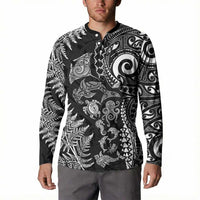 New Zealand Sea Animals Button Sweatshirt with Maori Koru Tribal Tattoo and Silver Ferns Black Color