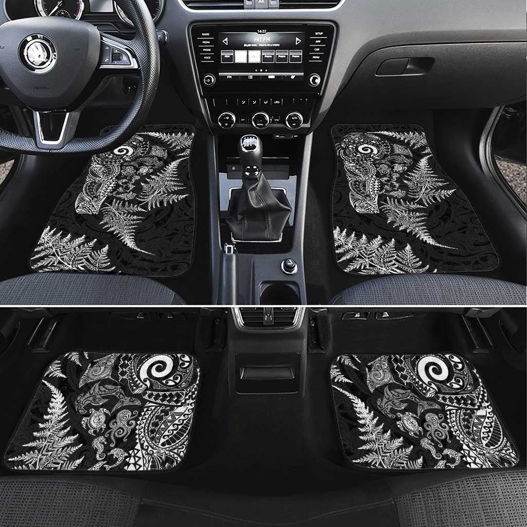 New Zealand Sea Animals Car Mats with Maori Koru Tribal Tattoo and Silver Ferns Black Color LT03 Set 4pcs Black - Polynesian Pride