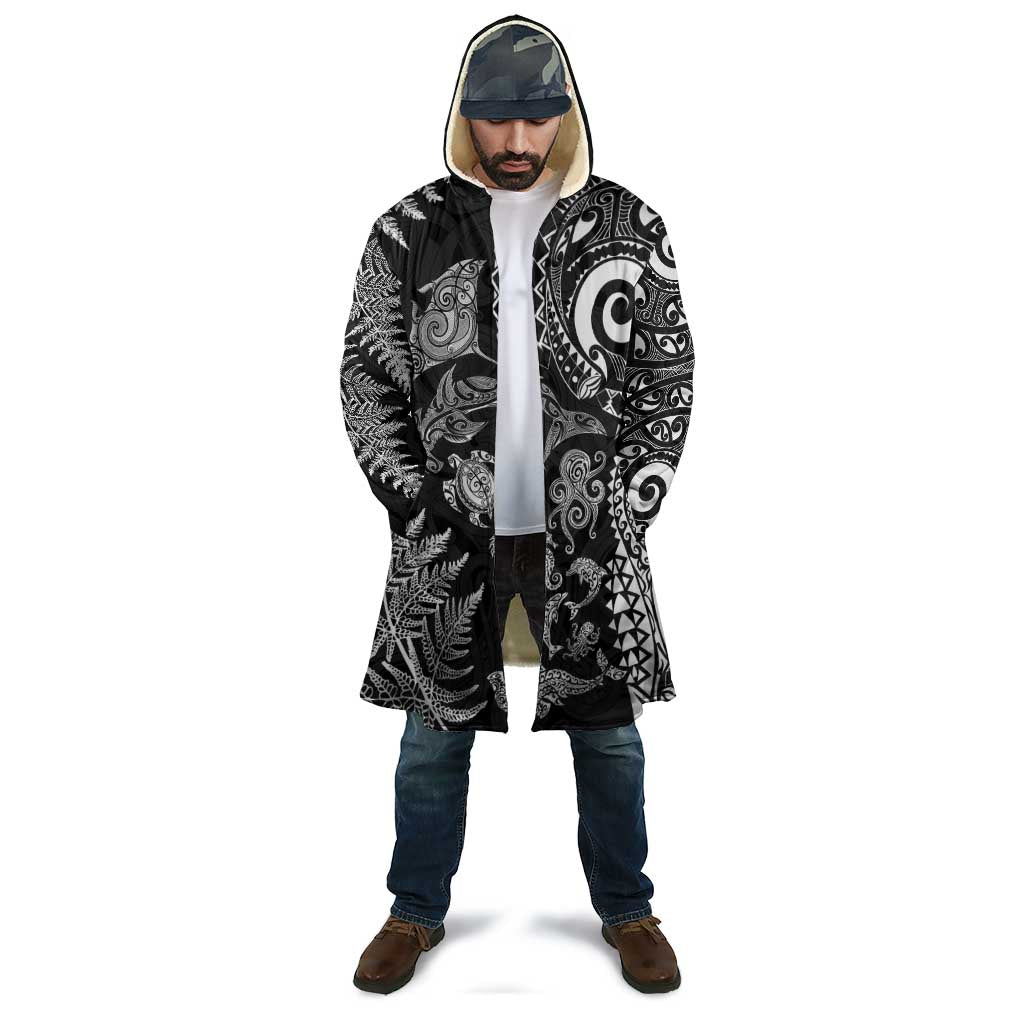 New Zealand Sea Animals Cloak with Maori Koru Tribal Tattoo and Silver Ferns Black Color
