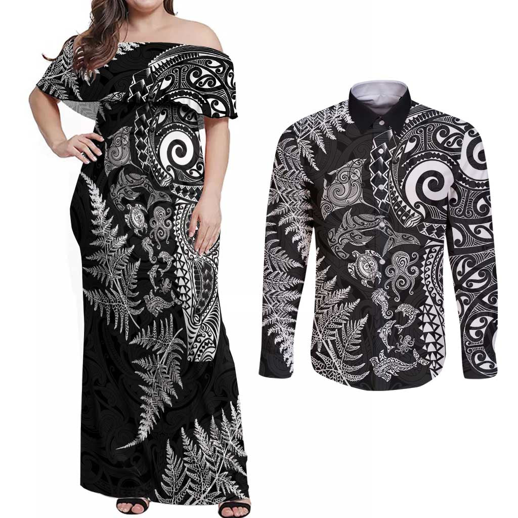 New Zealand Sea Animals Couples Matching Off Shoulder Maxi Dress and Long Sleeve Button Shirt with Maori Koru Tribal Tattoo and Silver Ferns Black Color LT03 Black - Polynesian Pride