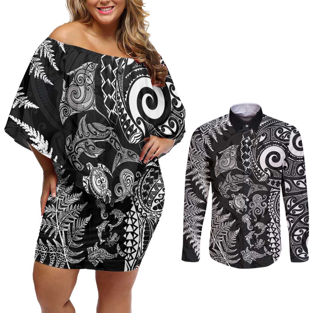 New Zealand Sea Animals Couples Matching Off Shoulder Short Dress and Long Sleeve Button Shirt with Maori Koru Tribal Tattoo and Silver Ferns Black Color LT03 Black - Polynesian Pride