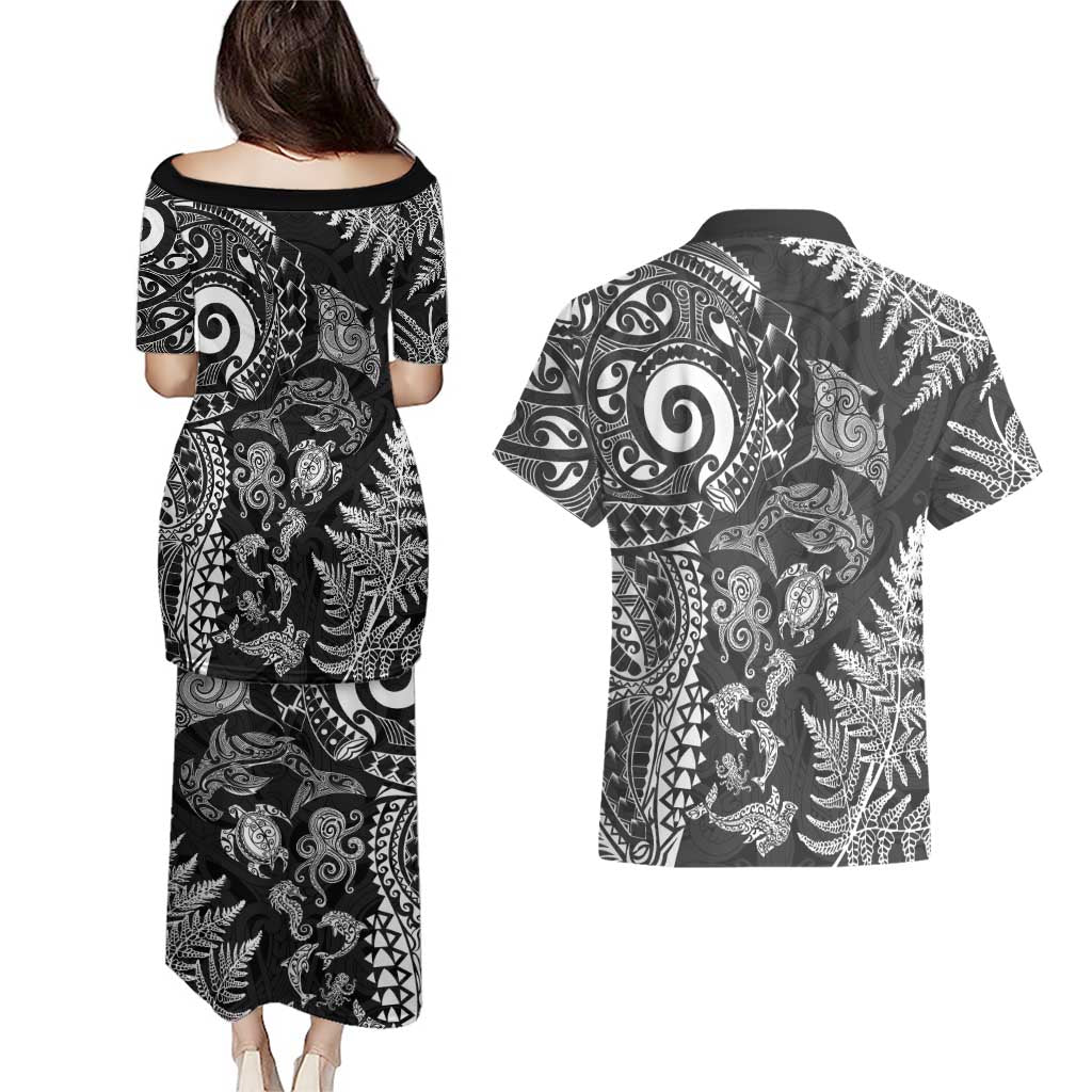 New Zealand Sea Animals Couples Matching Puletasi and Hawaiian Shirt with Maori Koru Tribal Tattoo and Silver Ferns Black Color