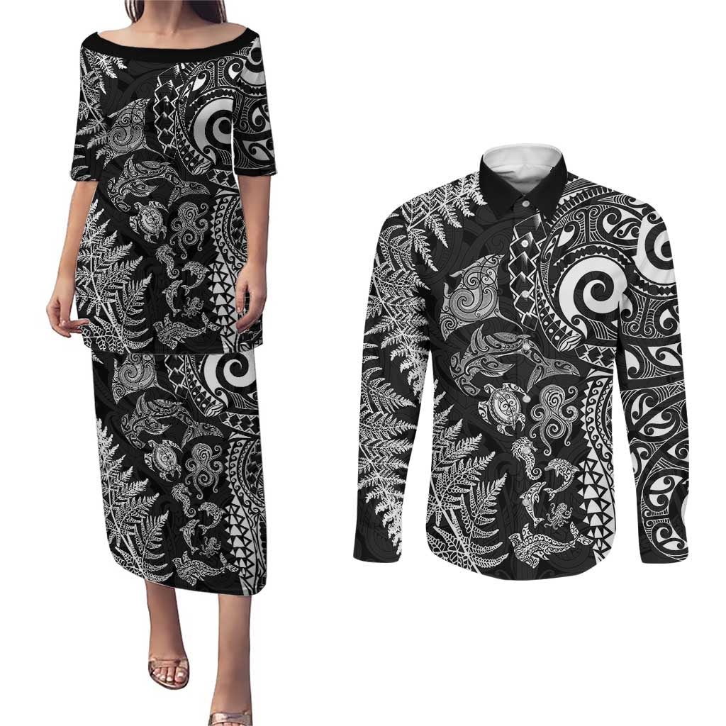New Zealand Sea Animals Couples Matching Puletasi and Long Sleeve Button Shirt with Maori Koru Tribal Tattoo and Silver Ferns Black Color LT03 Black - Polynesian Pride