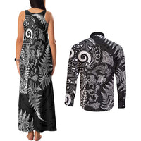 New Zealand Sea Animals Couples Matching Tank Maxi Dress and Long Sleeve Button Shirt with Maori Koru Tribal Tattoo and Silver Ferns Black Color