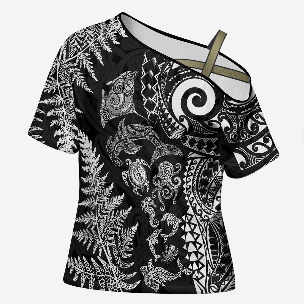 New Zealand Sea Animals Cross Shoulder Shirt with Maori Koru Tribal Tattoo and Silver Ferns Black Color LT03 Female Black - Polynesian Pride