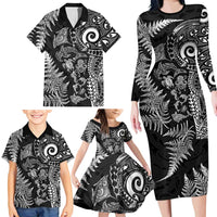 New Zealand Sea Animals Family Matching Long Sleeve Bodycon Dress and Hawaiian Shirt with Maori Koru Tribal Tattoo and Silver Ferns Black Color